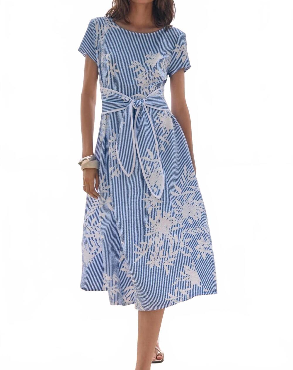 NEW JOSEPH RIBKOFF floral stripe fit and flare dress in vanilla/blue